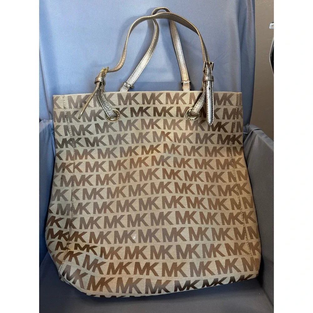 Michael Kors Monogram Tote Bag Gold Metallic Trim Jacquard Canvas Large Shoulder